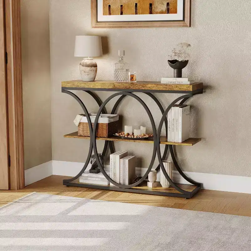 39 Industrial Entryway Table, 3-Tier Console Table Sofa Table with Hale-Circle Metal Frame