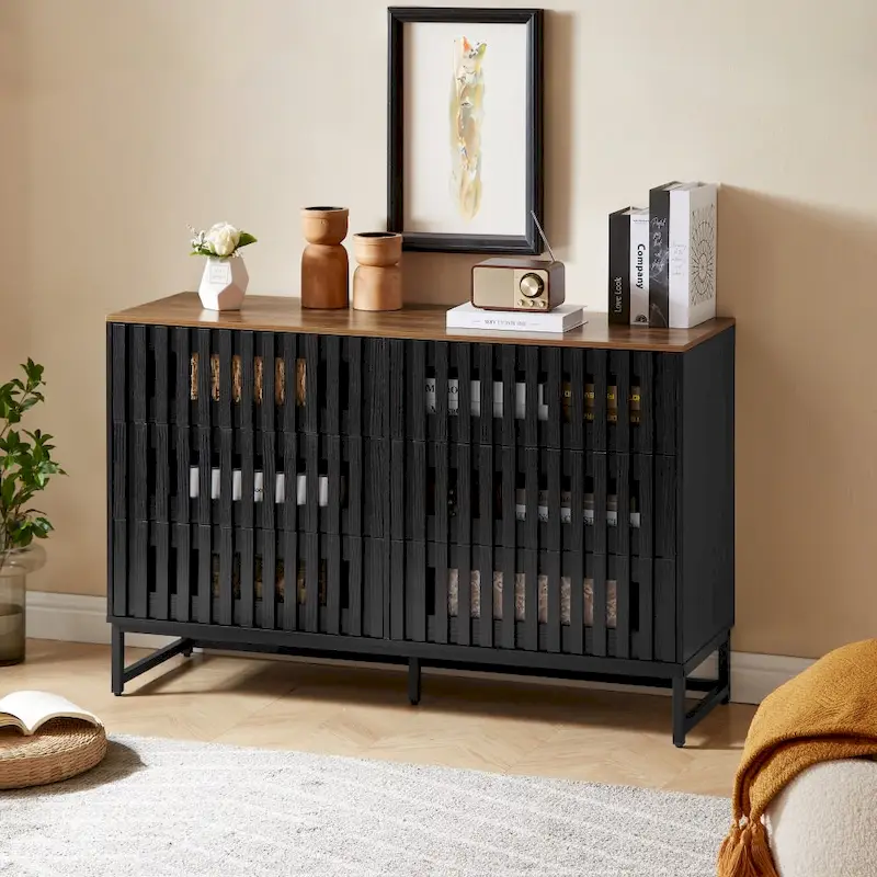 Modern Storage Cabinet with Grille Striped Doors and 6 Drawers for Living Room