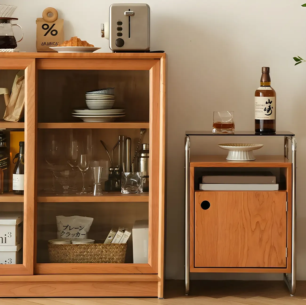 Natural Finish Narrow Glass-Top Light Wood Nightstand
