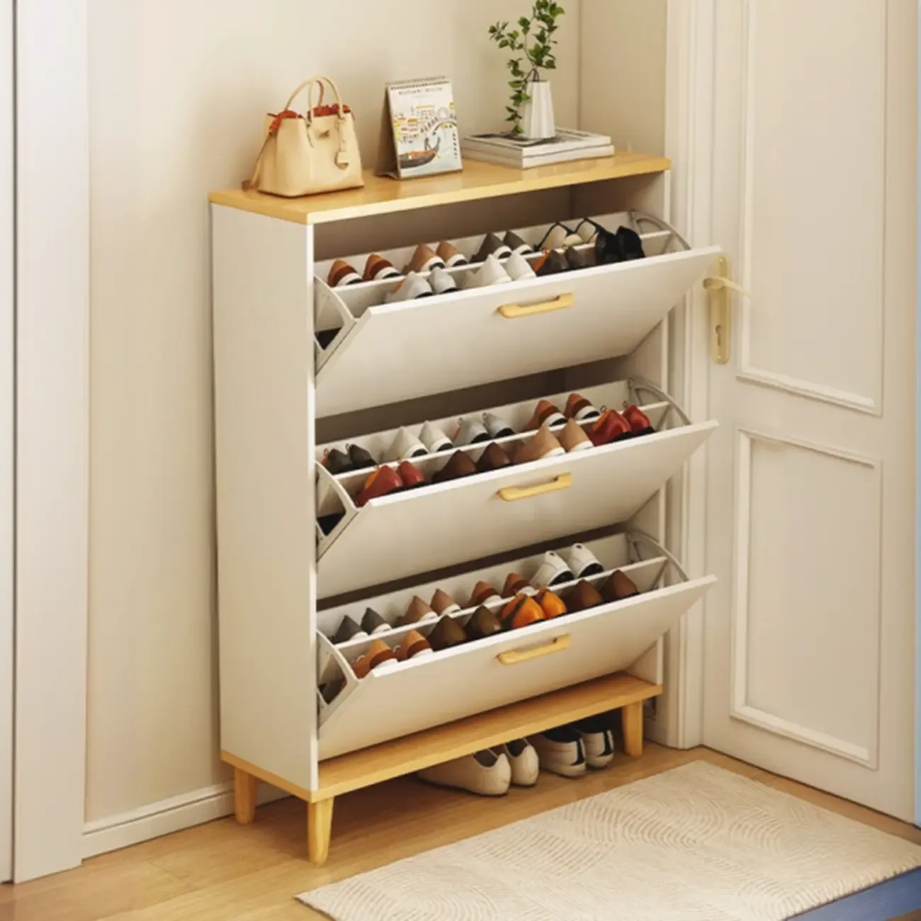 Entryway Modern Wood Shoe Cabinet with Flip-Out Drawer