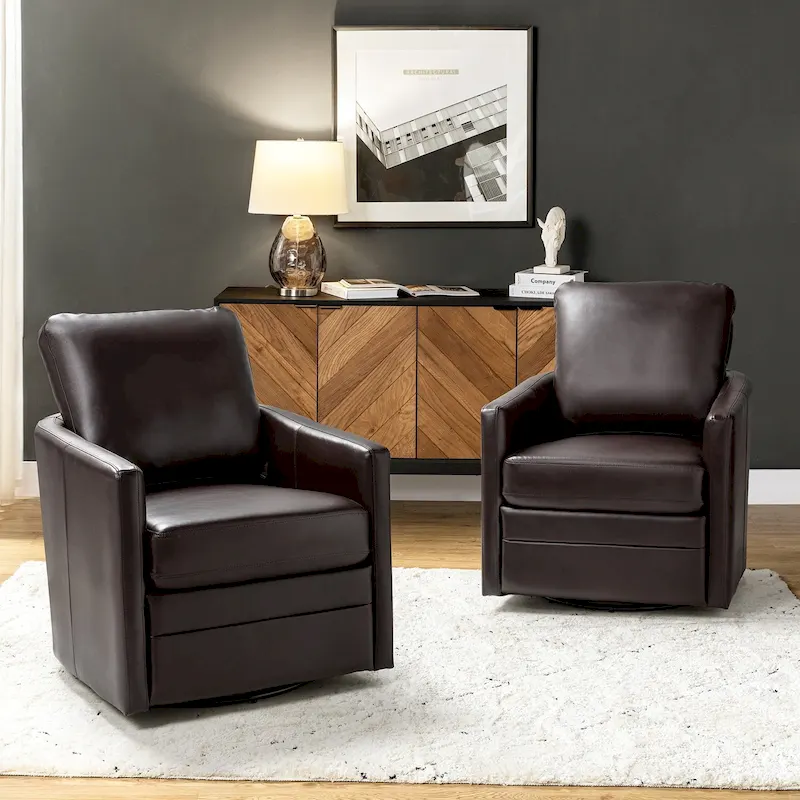 Transitional Swivel Faux Leather Barrel Chair with Metal Base