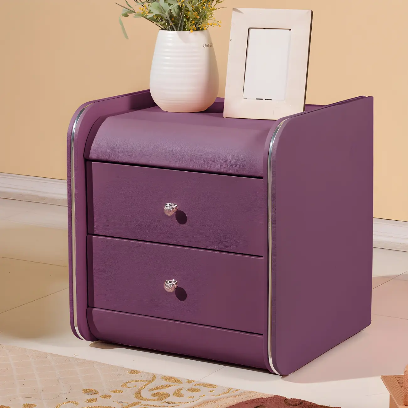 Stylish Narrow Faux Leather Bedside Table with 2 Drawers