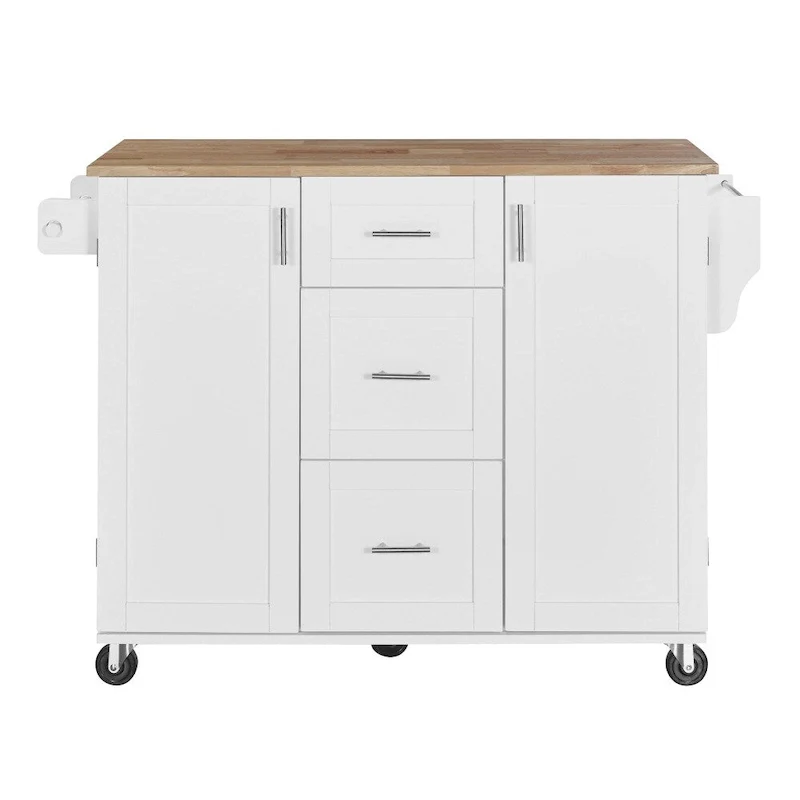 50 in. W Kitchen Island Rubberwood Top on 5 Wheels with 3 Drawers and 2 Slide-Out Shelf