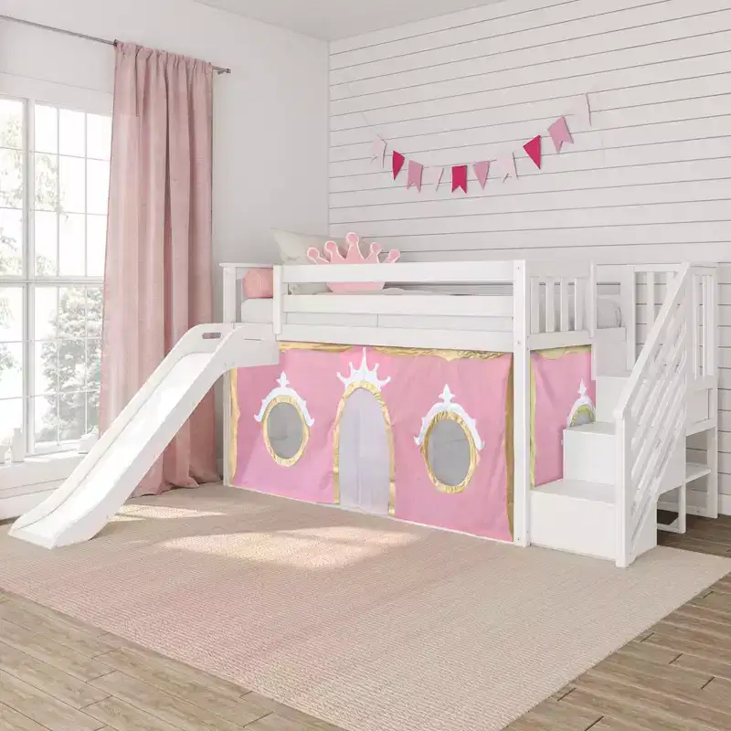 Low Twin over Twin Bunk With Stairs, Easy Slide & Light Pink & Gold Princess Curtain