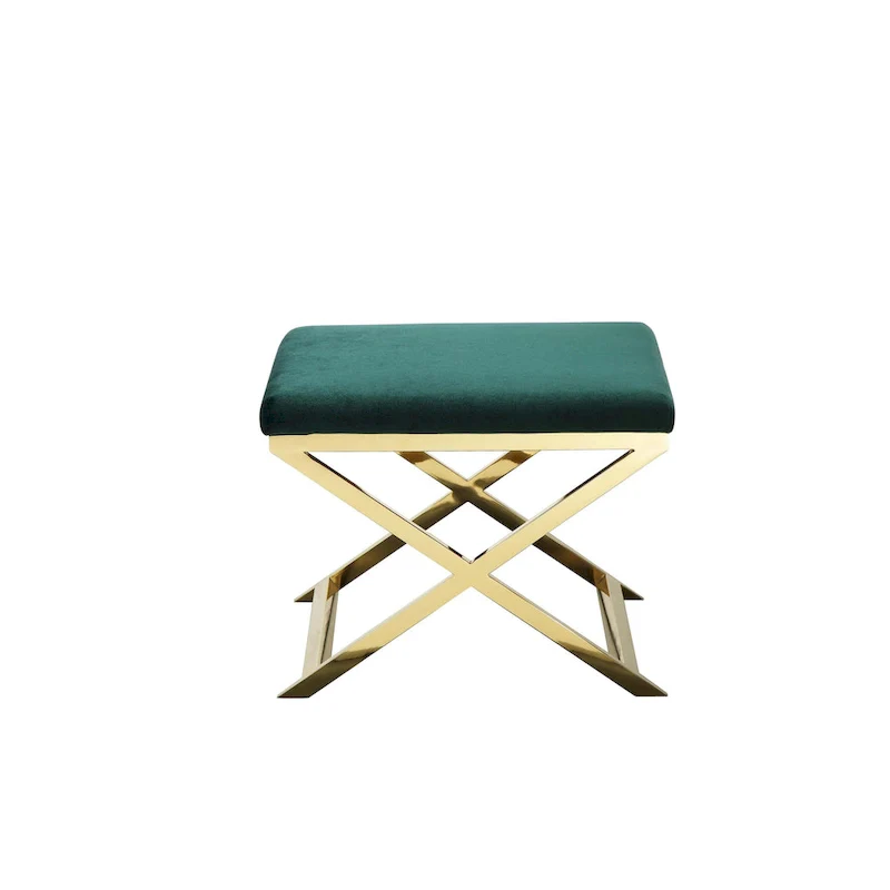 Sovi 24 Inch Accent Stool Ottoman Bench, Plush Green Velvet, Gold X Base