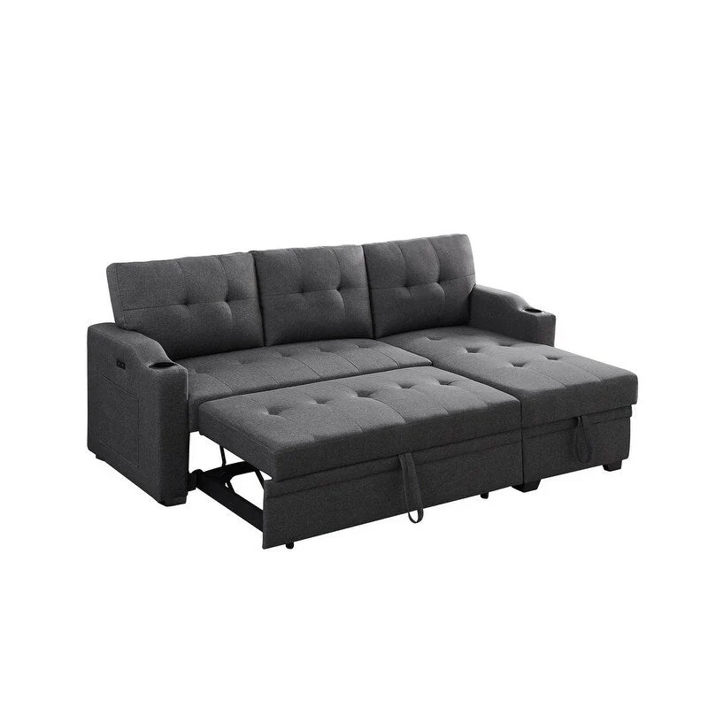83-inch Dark Gray Sleeper Sectional Sofa with Cup Holder, USB Charging Port, and Pocket - 83W x 54D x 35H