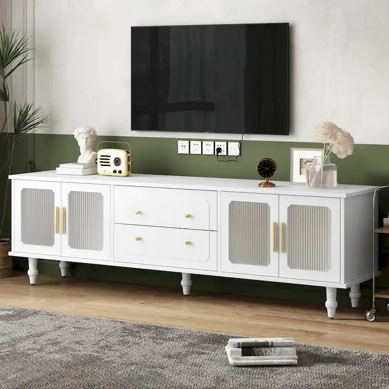 Retro TV Stand with Fluted Glass Doors for TVs Up to 78