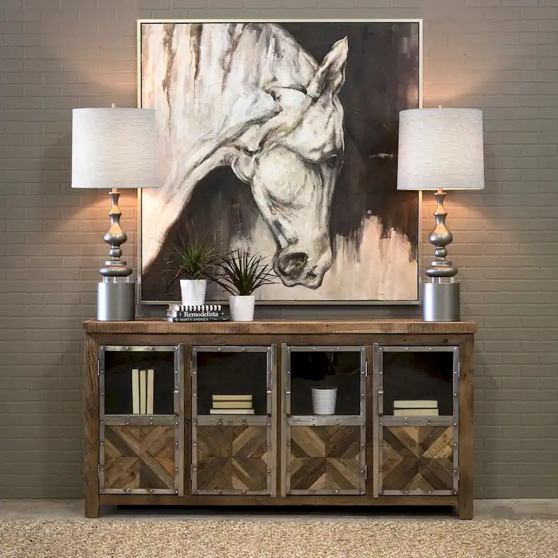 Harp & Finial Ayers 4-Door Reclaimed Railroad Tie Wood with Clear Glass Sideboard