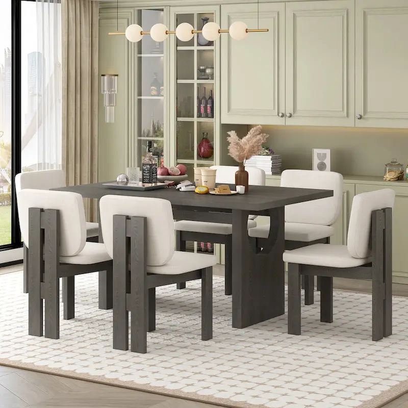 7-Piece Transitional Wooden Dining Set with Rectangular Table & 6 Chairs