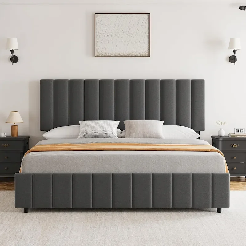Grey Queen Linen Upholstered Bed Frame with 4 Storage Drawers