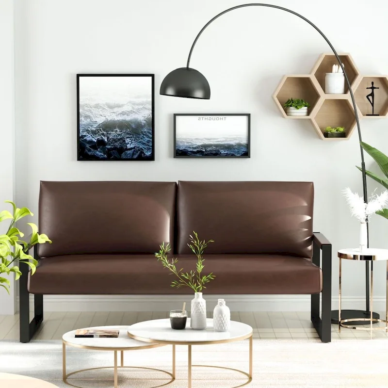 Mid-Century Style Faux Leather Loveseat Sofa with Steel Frame