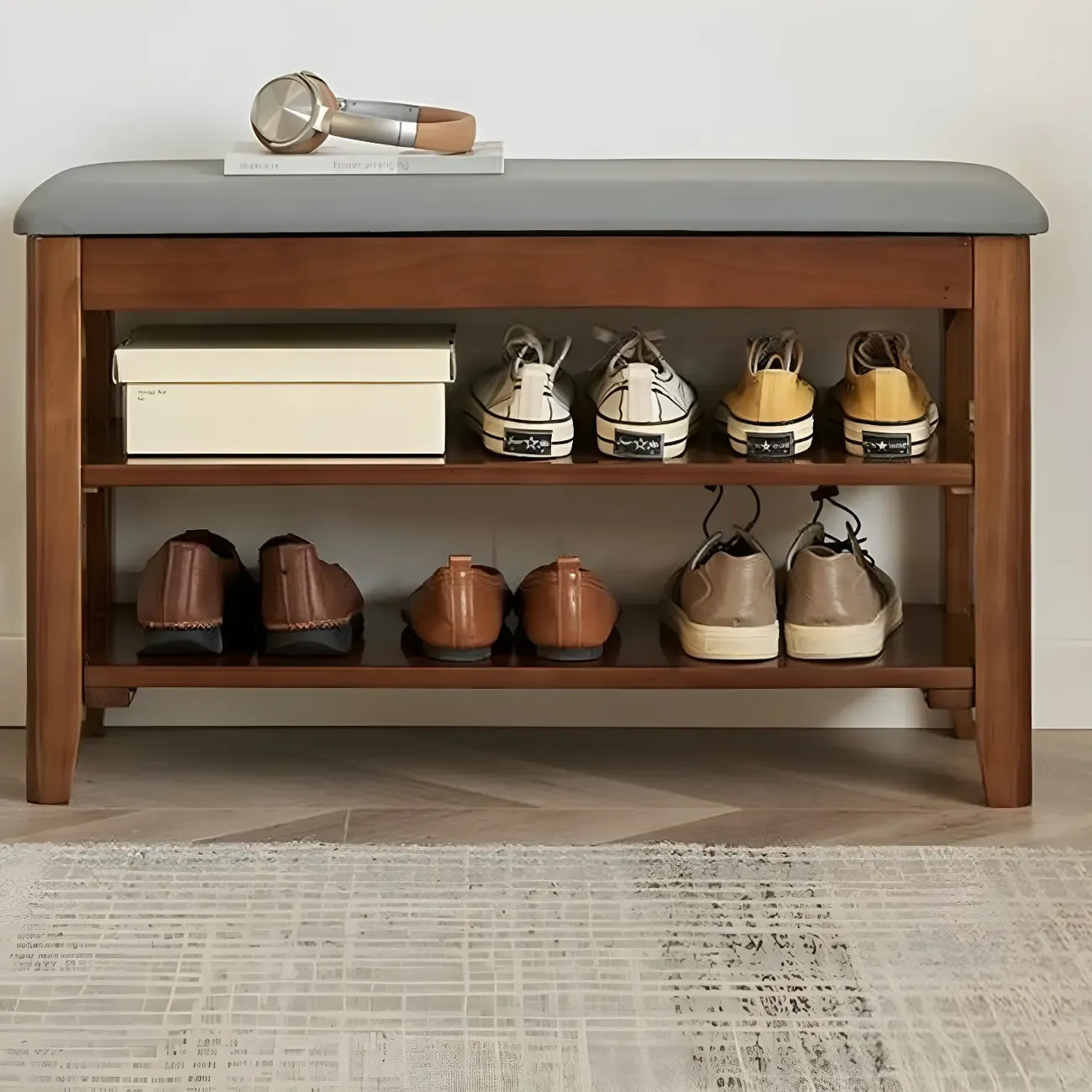 Entryway Walnut Wooden Adjustable Shoe Storage Bench
