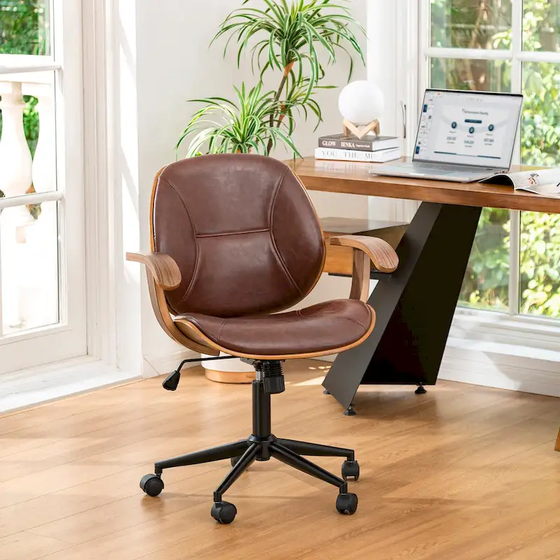 PU Leather Swivel Office Chair with Bamboo Armrests – Cocoa / Brown / Black, Mid-Back, Single User
