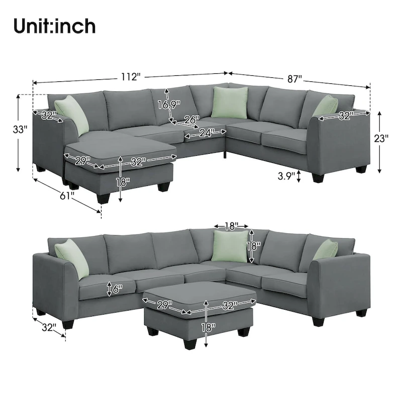 L-Shaped 7-Seats Modular Sectional Sofa with Ottoman with 3 Pillows