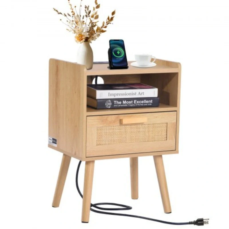 Natural Wooden Nightstand End Table with 1 Drawer and Open Shelf Suitable for Living Room or Bedroom