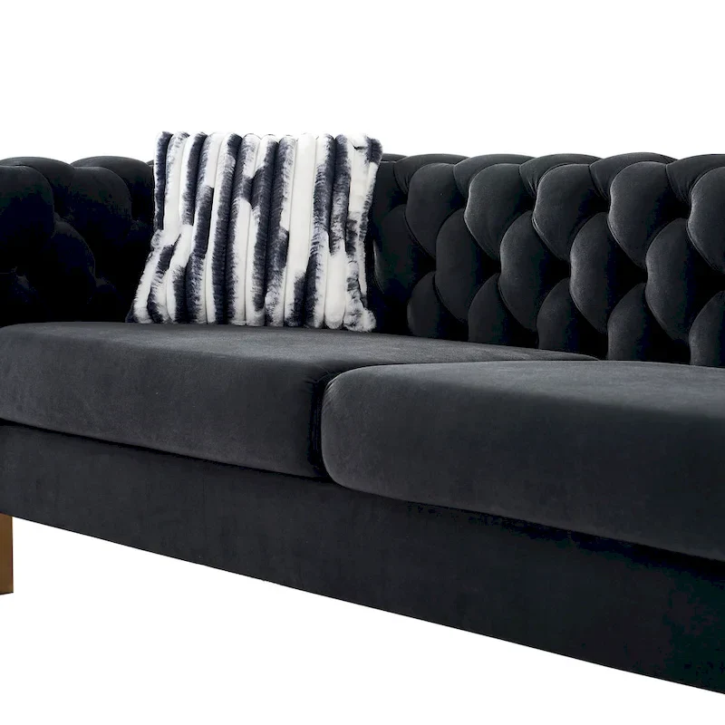 84.25 Luxurious Tufted Velvet Upholstered 3-Seater Sofa with Golden Metal Armrest Design and Buttoned Tufted Backrest