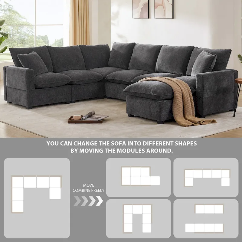 U Shape Modular Sofa, 7 Seat Chenille Sectional Upholstered Couch Set