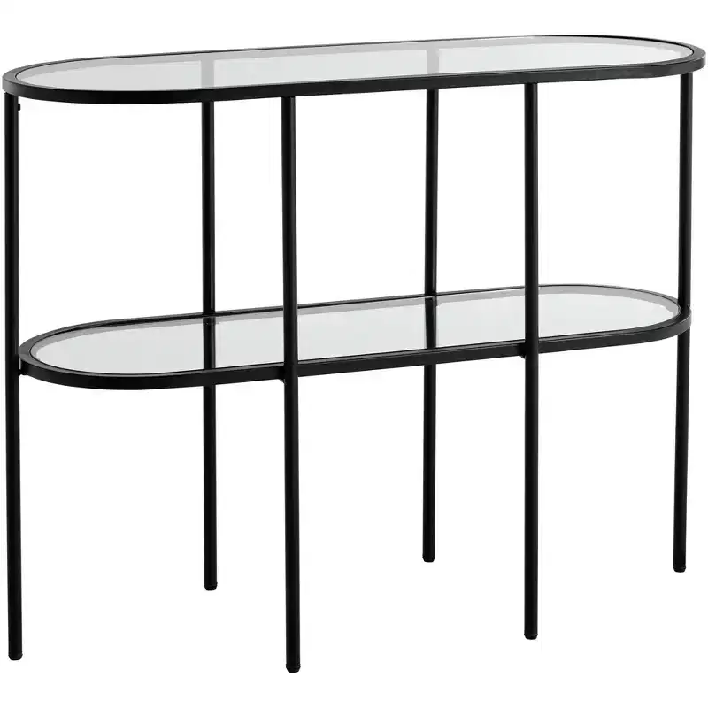 Studio 55D Remy Modern Metal Oval 2-Tier Console Table 40 x 15 with Storage Sandy Black Clear Glass Tabletop for Living Room