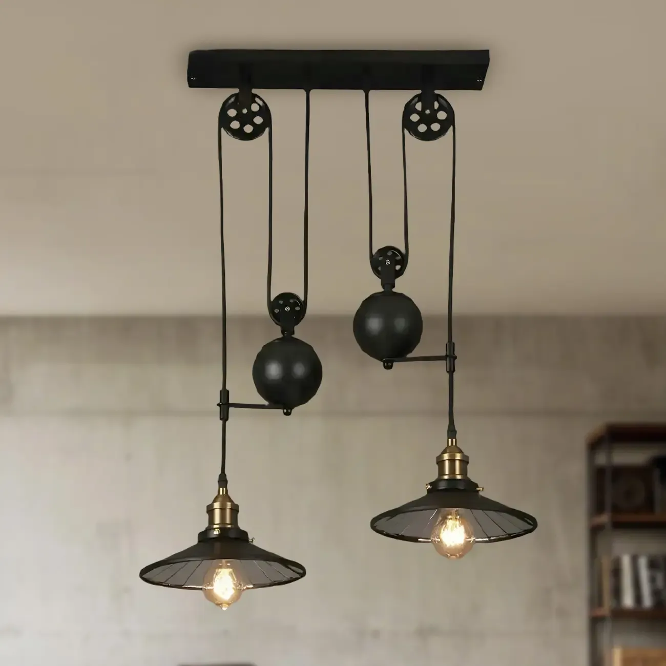 Industrial Black Metal Pulley Pendant Light for Kitchen