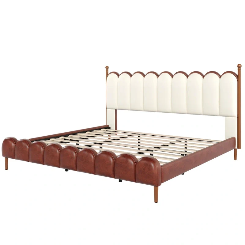 Leather Upholstered Bed with Headboard & Footboard, Solid Wood Slats & Legs