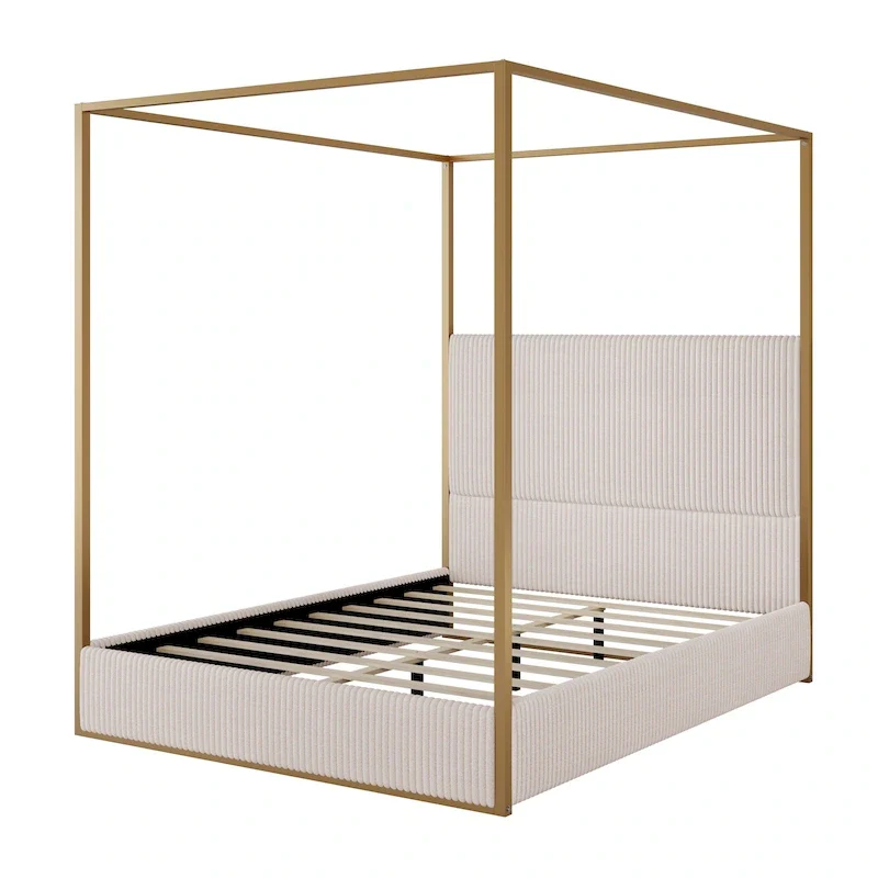Modern Luxury Metal Canopy Bed with Tall Upholstered Headboard & Four Poster