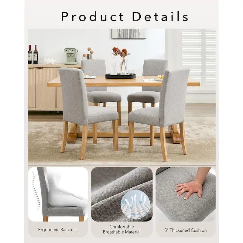 Modern Fabric Dining Chair Set of 4, Upholstered Kitchen Chair with Curved Backrest Wood Legs