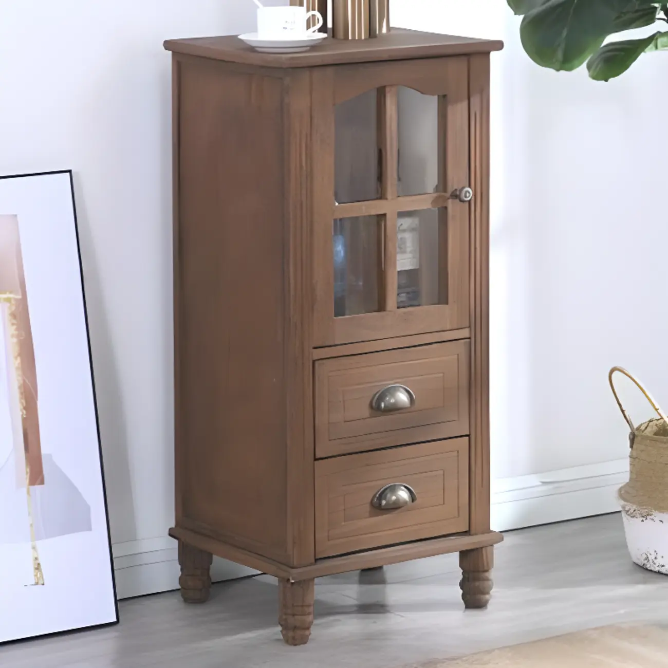 Freestanding Solid Wood White Cabinet with Drawers