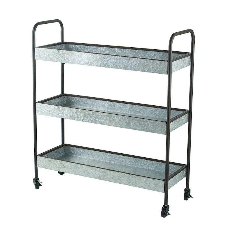 40 Inch Metal Rolling Cart, 3 Tier Shelves, Caster Wheels, Galvanized Gray