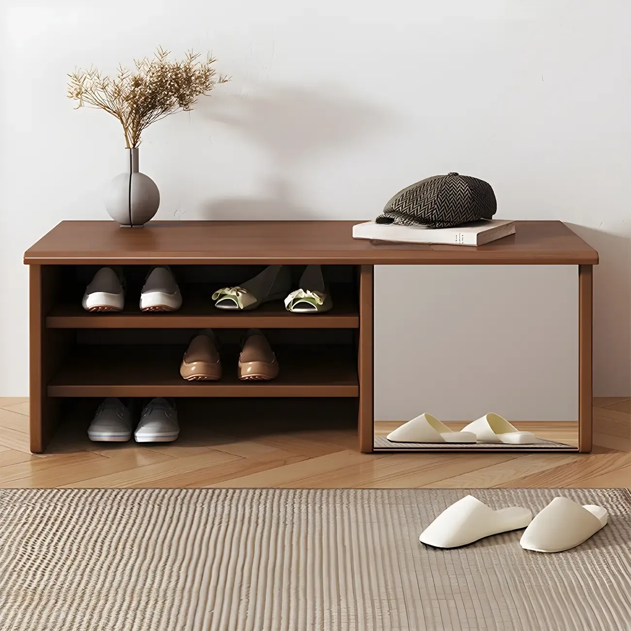Entryway Wood Shoe Storage Bench with Mirror