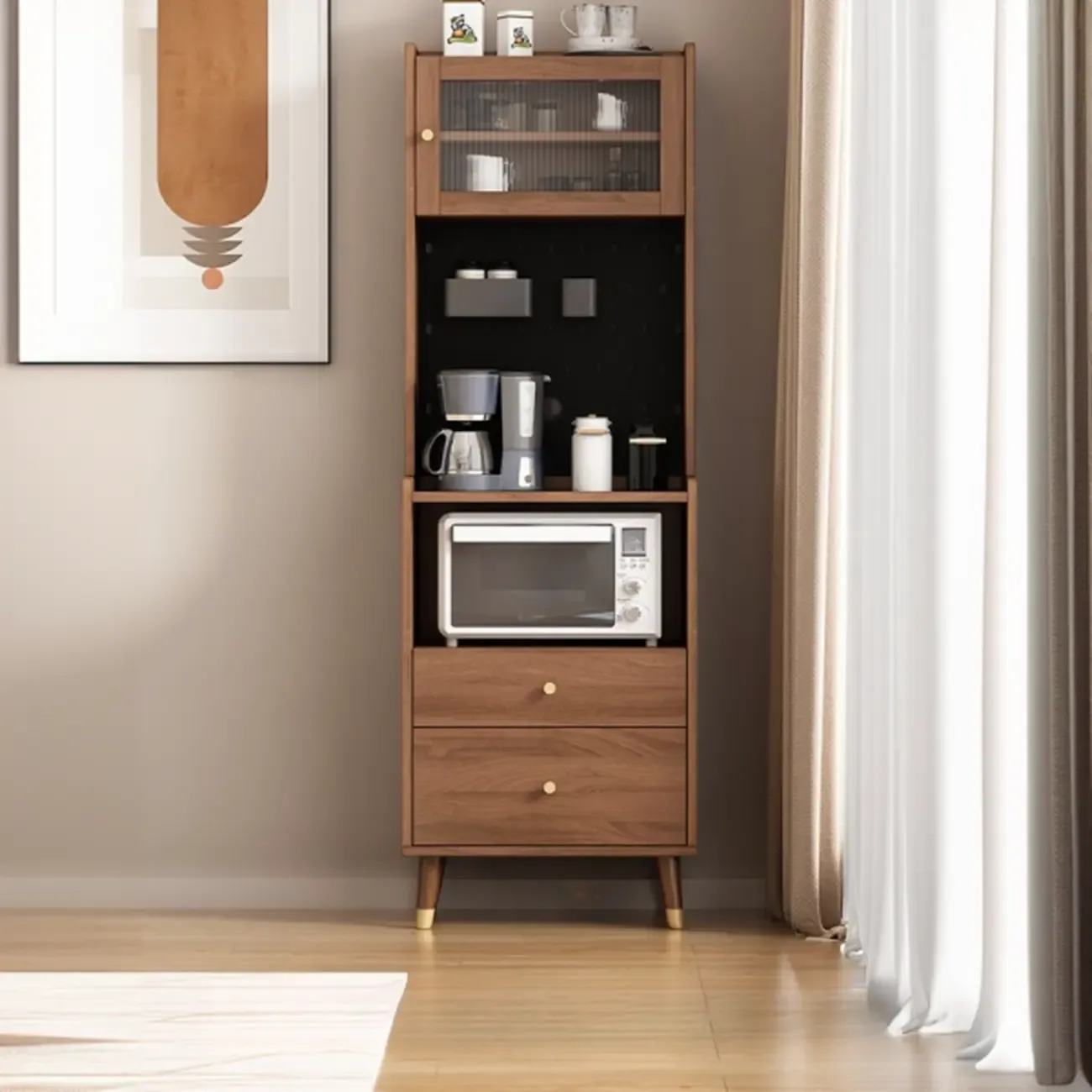 Compact Wooden Brown 2-Drawer Tall Sideboard with Hutch