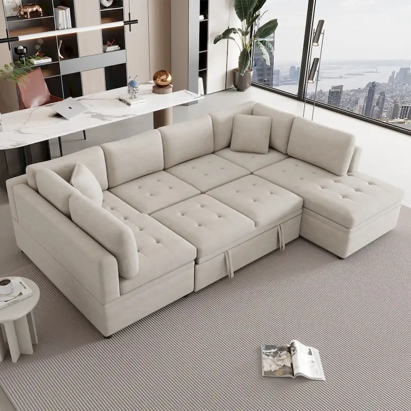 Beige 117 U-Shaped Oversized 6-Seater Sofa