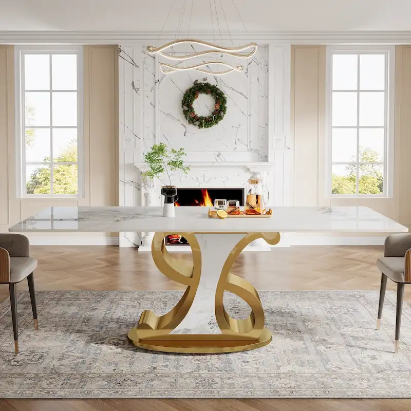 Rectangular Sintered Stone Dining Table with Stainless Steel Base