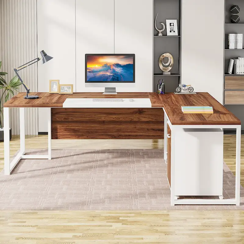 70.8 Inch Executive Desk with File Cabinet Large L Shaped Office Executive Desk Computer Desk
