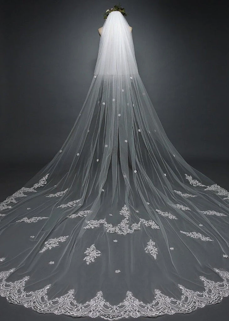 White Cathedral Veil with Blusher Lace Applique Long Wedding Veil