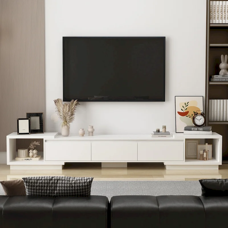 Modern Style Extendable TV Stand with 3Drawer White/Black 65.4-106.3