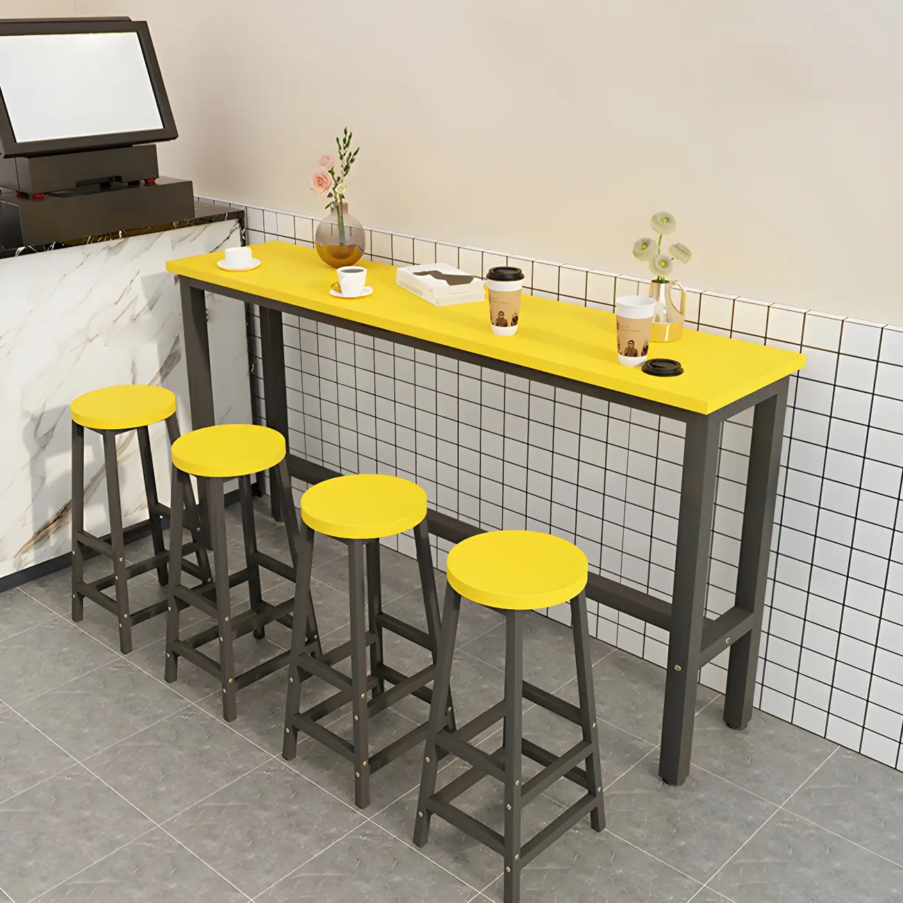 Rectangular Natural Wood Metal Trestle Bar Tables