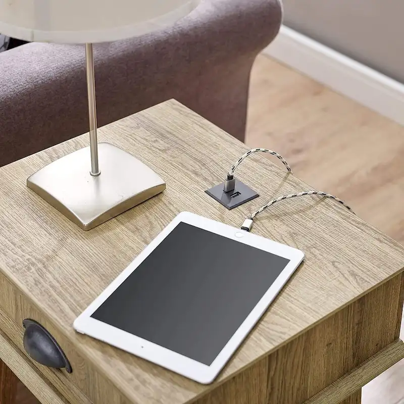 Caffoz Tall Side End Table with Fully Extended Drawer and USB Hub