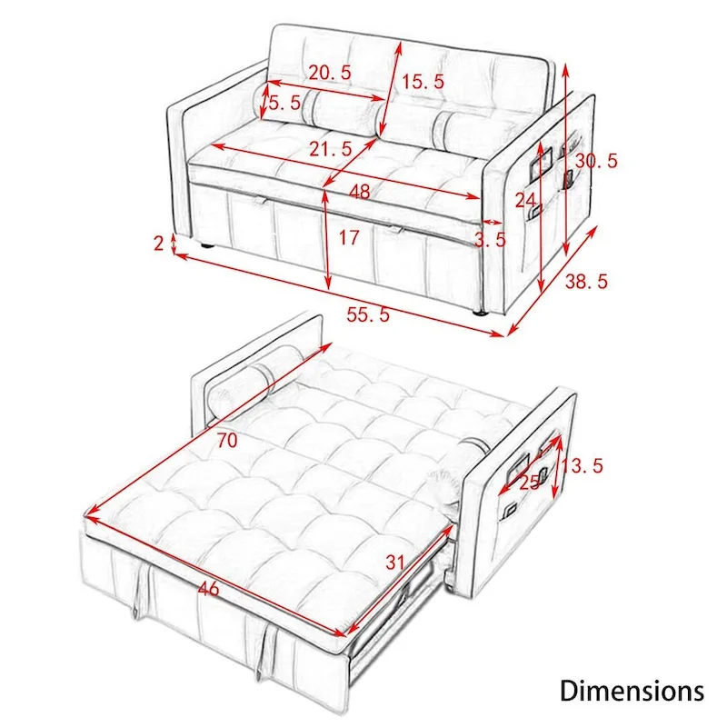Modern 55.5 Velvet Pull-Out Adjustable Sofa Bed with Side Pockets