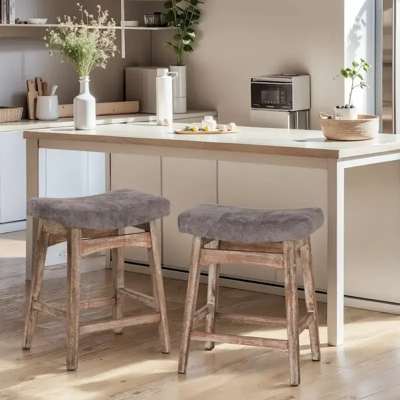 24 Inch Solid Wood Barstools with Linen / PU Leather Fabric Cushion, Set of 2