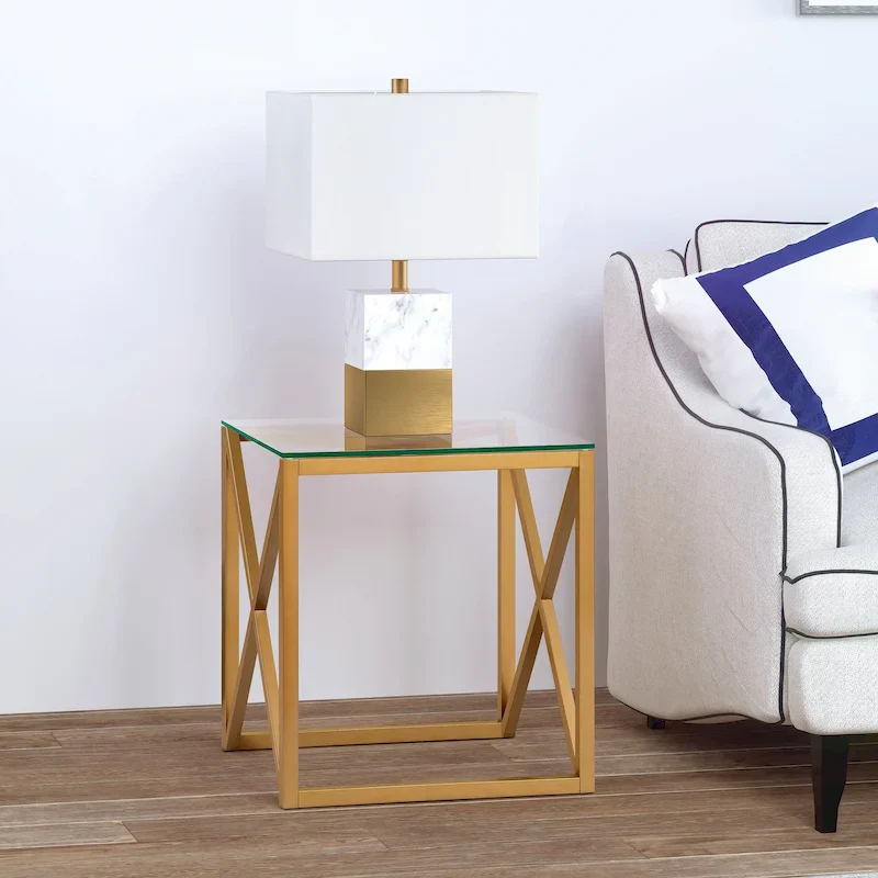 Geometric X-Base Metal & Glass Side Table in Golden Brass Finish