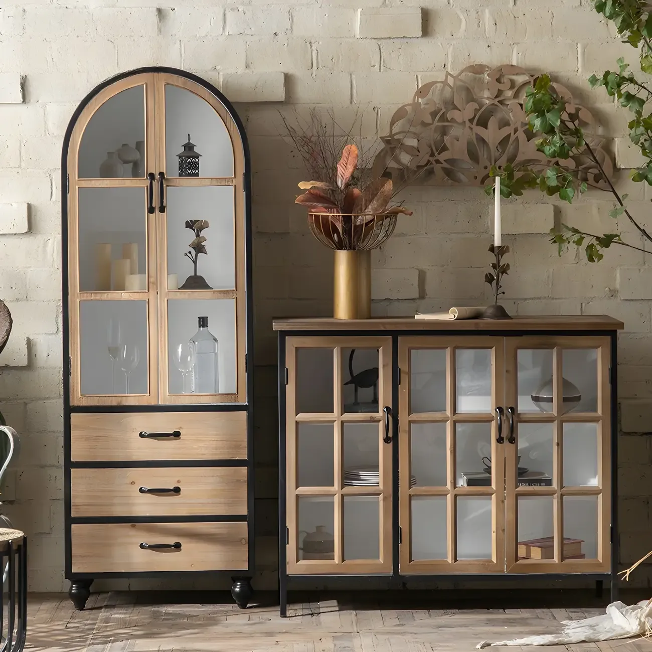 Rustic Wooden Glass Door Display Cabinet in Natural Finish