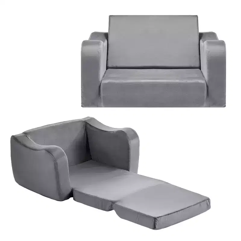 VEVOR 2-in-1 Kids Sofa, Foldable Toddler Soft Couch with Armrests, Made of 28D Sponge & Short Pile, Convertible Toddler Chair to Lounger, M, Gray