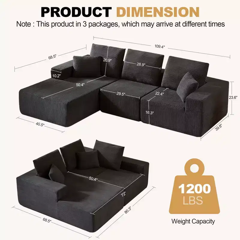 Whisen Modular Sectional Sofa with Chaise, L Shaped Cloud Couch, No Assembly Required