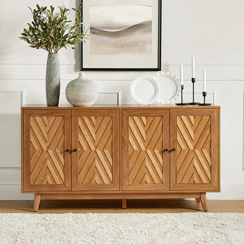 57 in Chevron Inlay 4-Door Sideboard with 3 Adjustable Shelves, Cable Management & Poplar Wood Legs | Walnut / Black | Single