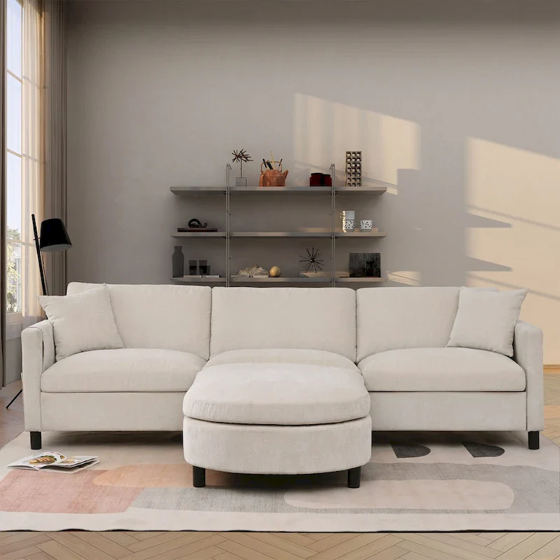 Beige 107.87 Spacious 4 Seater Sectional Sofa with Movable Ottoman, Removable Cushions, and Convenient Armrest Storage