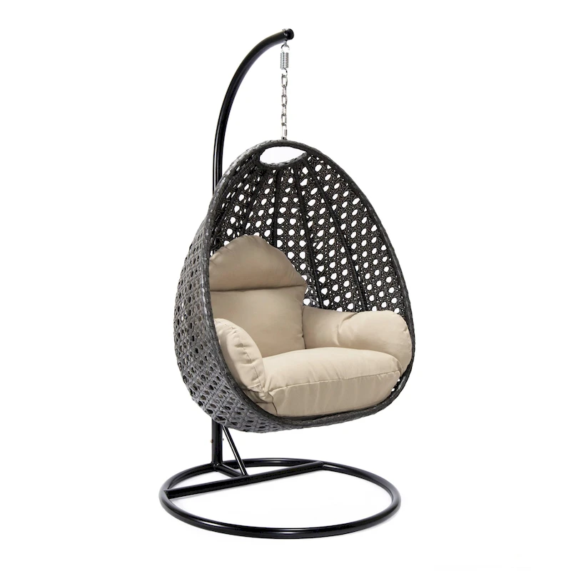 LeisureMod Charcoal Single Seater Rattan Wicker Egg Swing Hanging Chair for Indoor Outdoor Patio Porch Backyard Garden