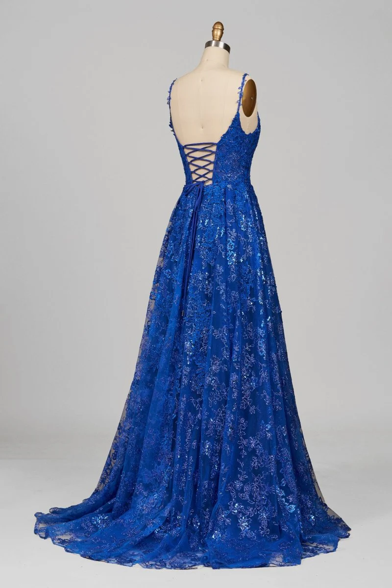 Royal Blue - A-Line Sequined Lace V Neck Long Prom Dresses