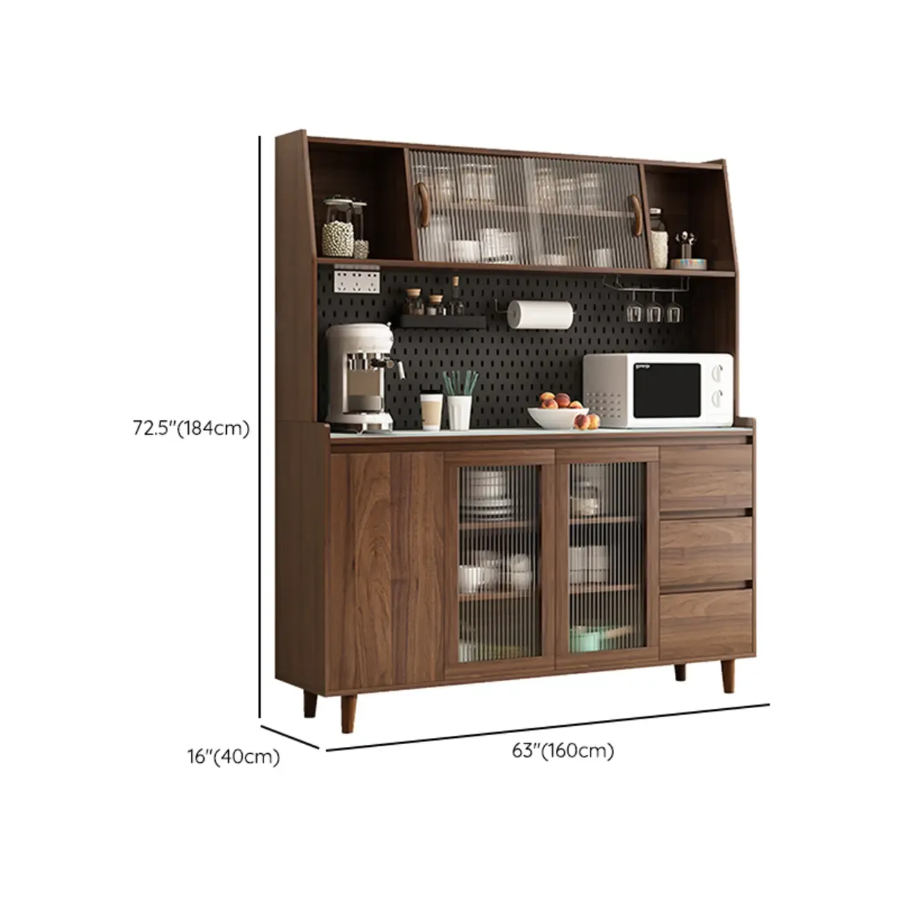 Wide Brown Wooden Pegboard Back Sideboard with Hutch