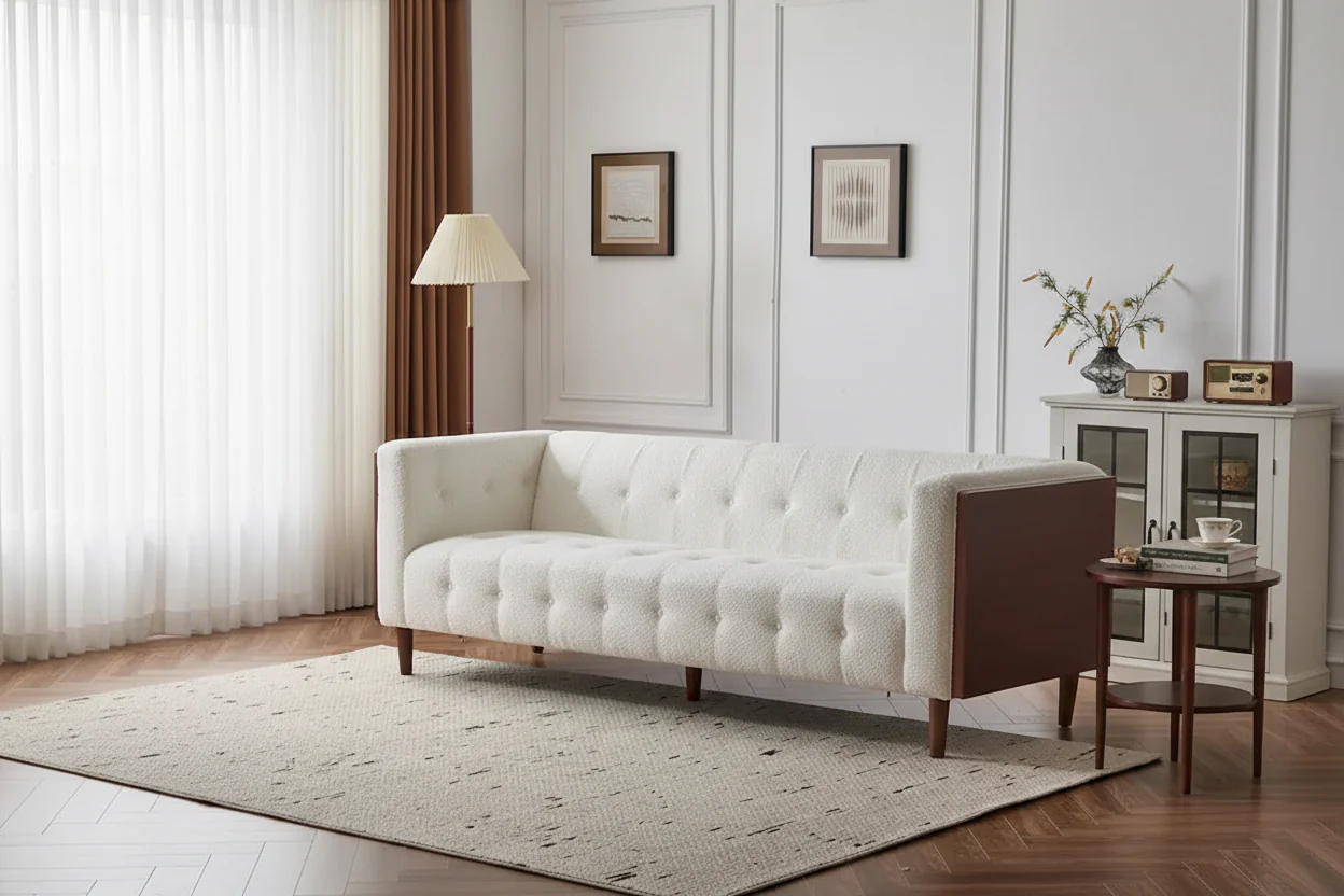 Modern quilted three-seater sofa - 89.75 inches (L) x 31.50 inches (W) x 30.25 inches (H)