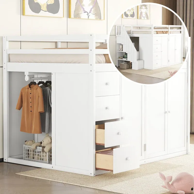 Full Size Loft Bed with Wardrobe & Drawers, White/Grey, 1-Person